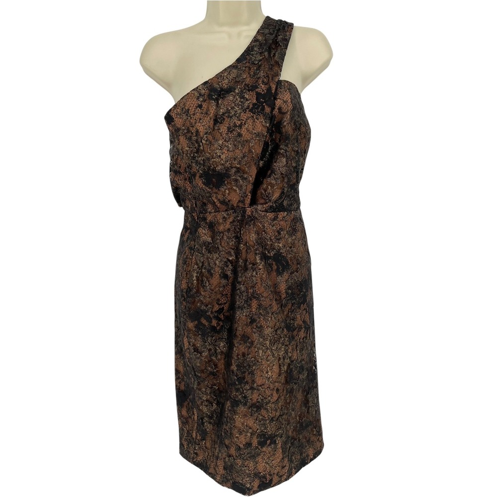 Antonio Melani Naya Dress Womens 6 Bronze Black Gold Metallic Lace One Shoulder